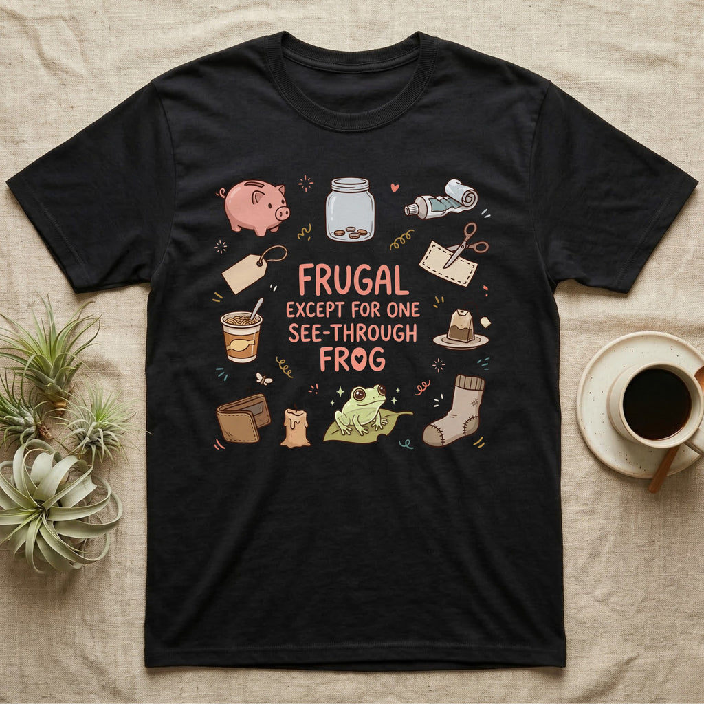 Glass Frog Frugal T-Shirt in Black — Cartoon glass frog on a leaf under the words Frugal except for one see-through frog, ringed by a piggy bank, coin jar, coupons and other thrifty things