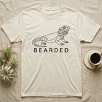 Beige t-shirt with "BEARDED" text and a line drawing of a bearded dragon.