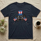 Jumping Spider Cute T-Shirt in Navy — Kawaii jumping spider with big eyes in a top hat waving two flags above script United We Stand, 250 Years and Still Cute.