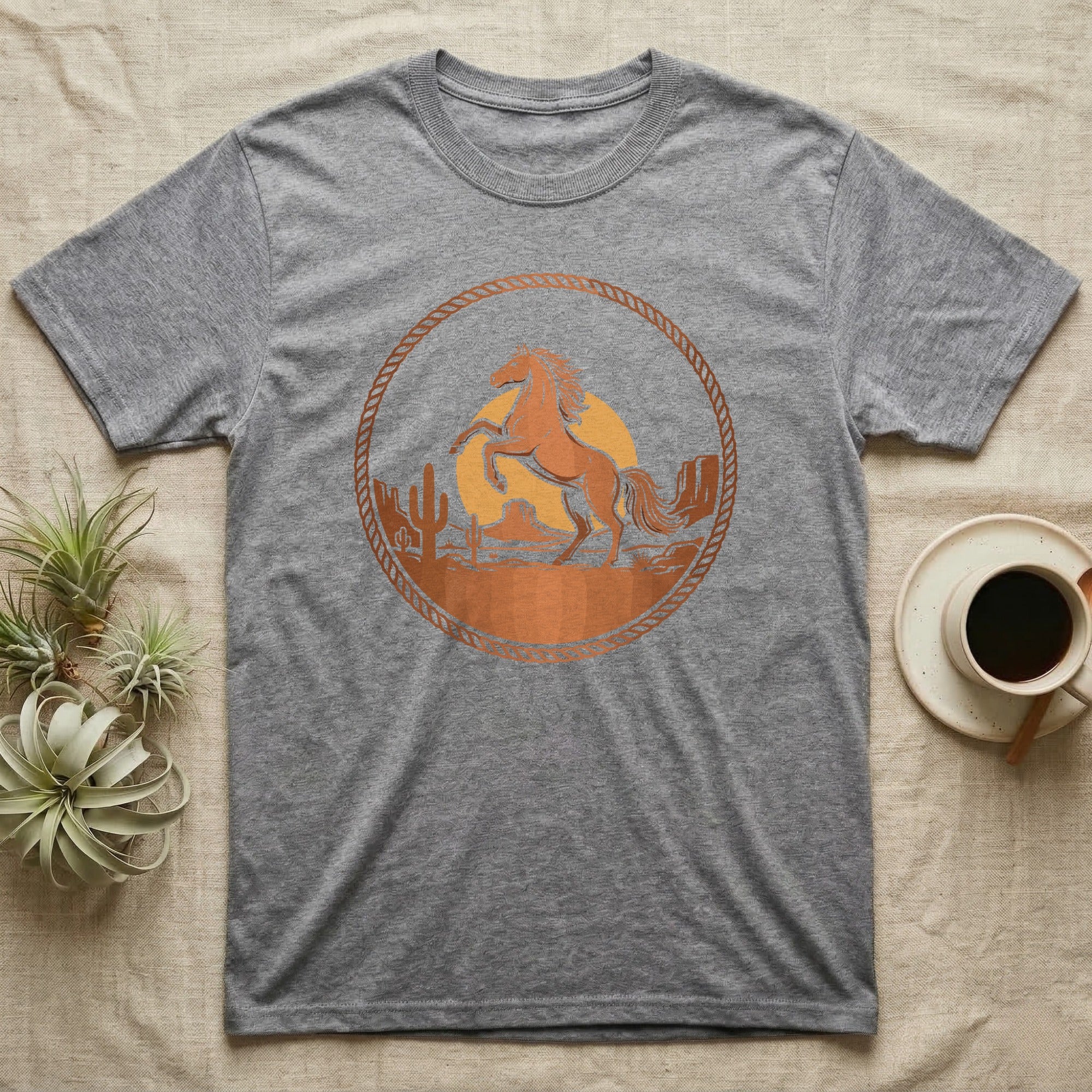 Grey t-shirt with a circular desert scene featuring a horse and cactus.