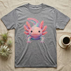 Gray t-shirt with a colorful axolotl illustration.