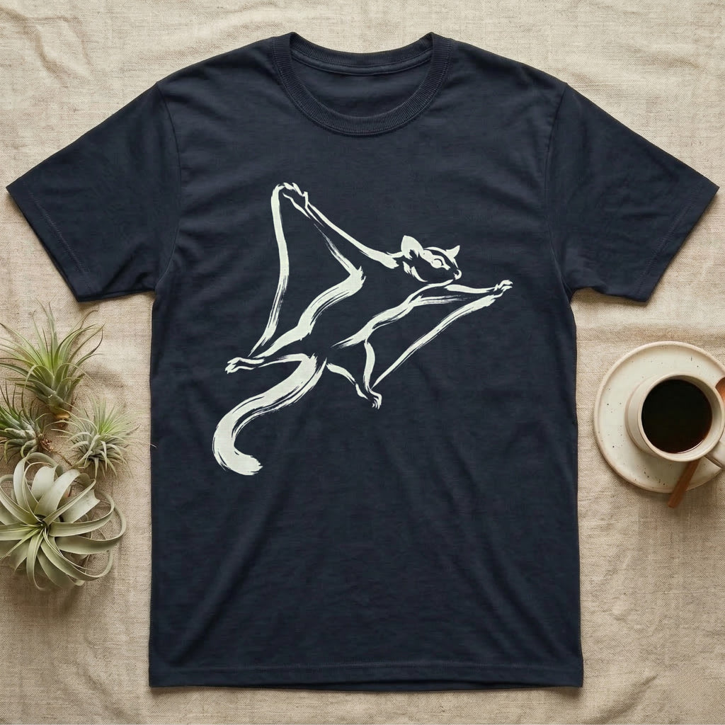 Navy t-shirt with white stylized flying squirrel graphic.