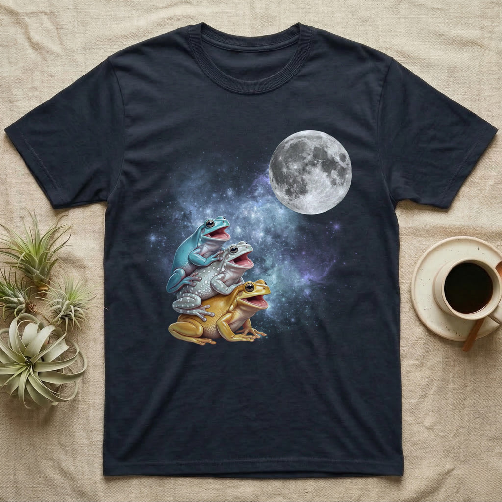 White's Tree Frog Moon Howl T-Shirt in Navy — Three White's Tree Frog colour morphs howling at a full moon over a nebula on a dark grey t-shirt.