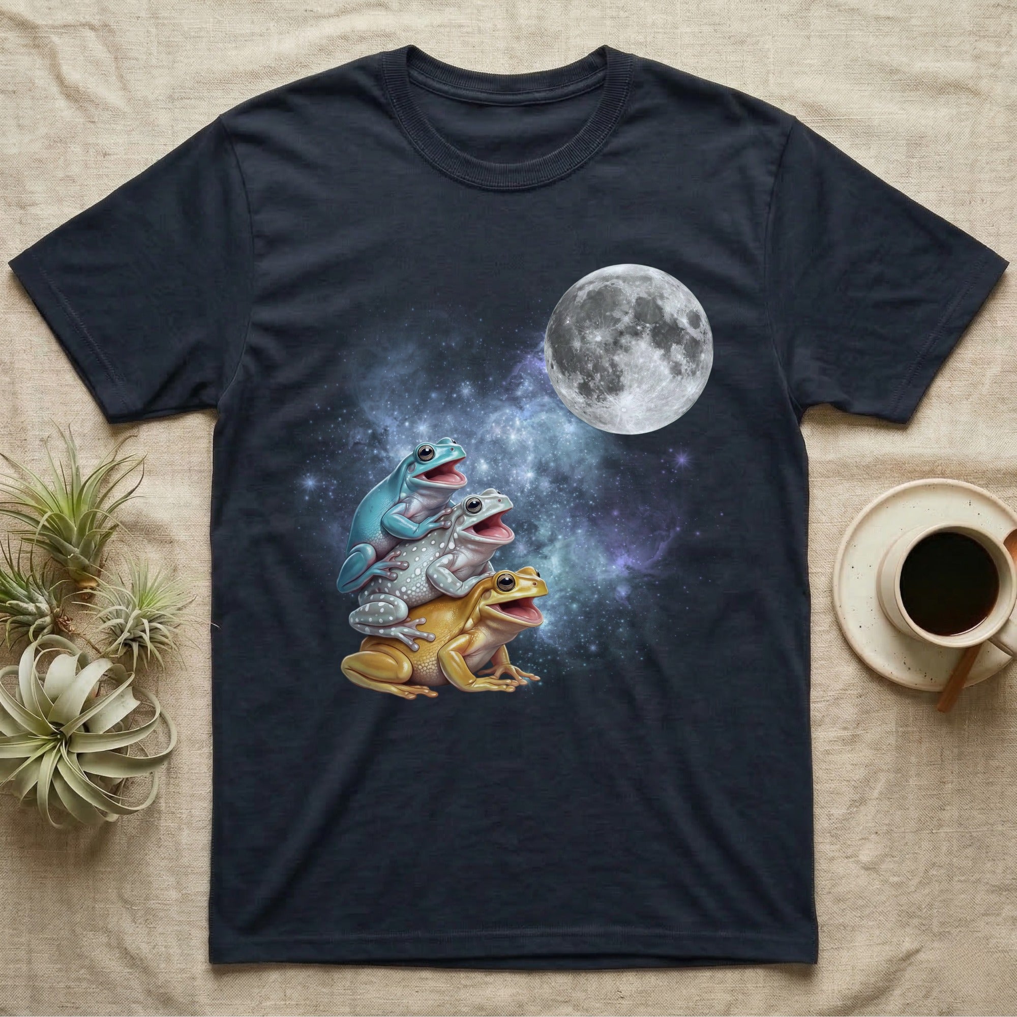 White's Tree Frog Moon Howl T-Shirt in Navy — Three White's Tree Frog colour morphs howling at a full moon over a nebula on a dark grey t-shirt.