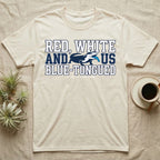 Blue-Tongued Skink 1776 T-Shirt in Natural — Navy and white blue-tongued skink with tongue out between collegiate text reading Red, White and US Blue-Tongued.