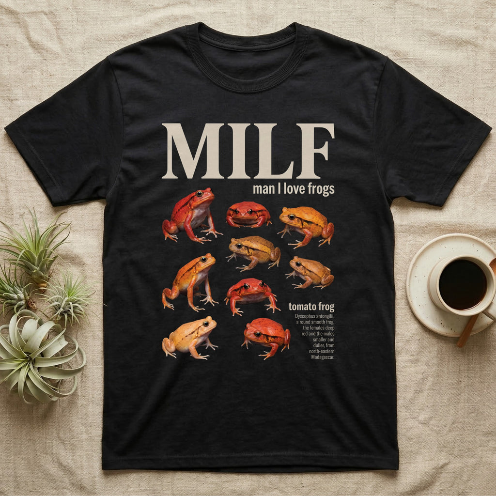 Tomato Frog MILF T-Shirt in Black — Seven tomato frogs in a cut-out photo collage under the huge cream word MILF, man I love tomato frogs.