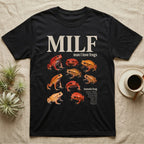 Tomato Frog MILF T-Shirt in Black — Seven tomato frogs in a cut-out photo collage under the huge cream word MILF, man I love tomato frogs.