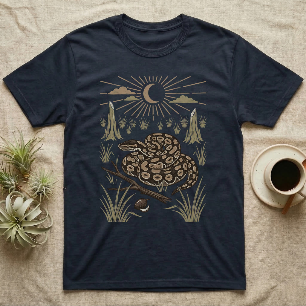 Ball Python Home Range T-Shirt in Navy — Woodcut-style illustration of a ball python coiled on dry savanna ground with grass tufts and termite mounds behind, no on-shirt text.