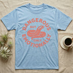 Hognose Snake Emotionally Dangerous T-Shirt in Light Blue — Block-print western hognose snake reared in one terracotta ink, ringed by the words DANGEROUS BUT ONLY EMOTIONALLY.