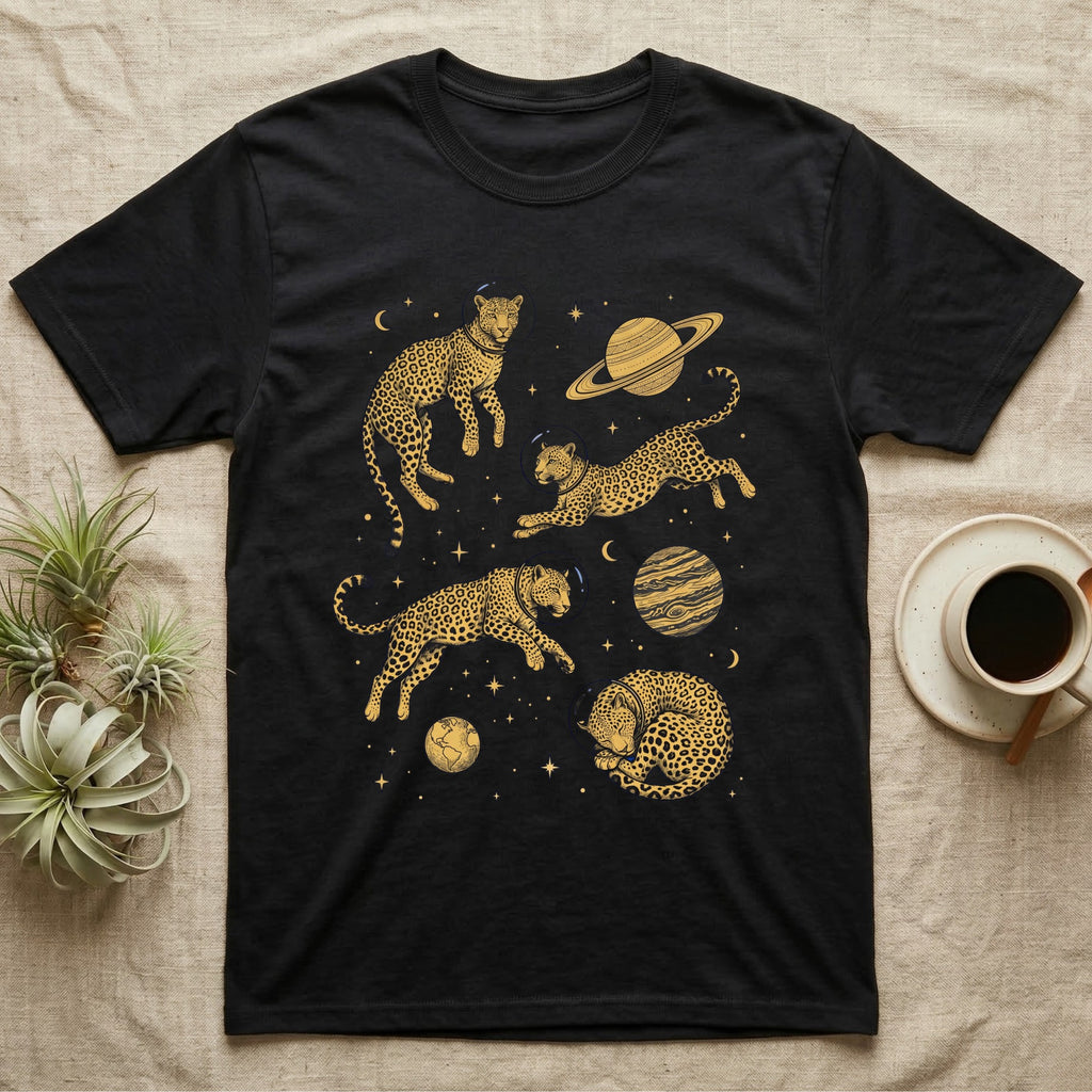 Black t-shirt with golden cheetahs and planets in space design.