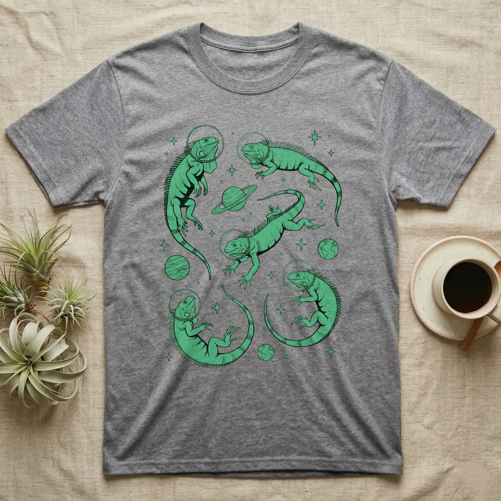 Green Iguana Cosmic T-Shirt in Sport Grey — Vintage screen-print illustration of green iguanas in astronaut helmets floating in space, cosmic emerald green monochromatic on dark background.