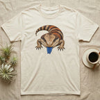 Cream t-shirt with a blue-tongued skink illustration.
