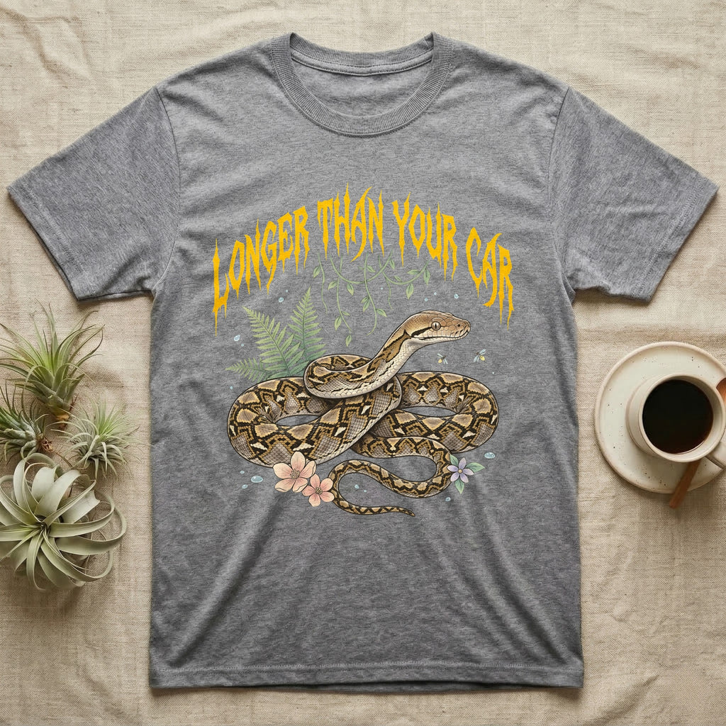 Reticulated Python Feral T-Shirt in Sport Grey — Reticulated python in net-patterned coils under jagged molten-gold metal text LONGER THAN YOUR CAR with pastel ferns