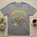 Reticulated Python Feral T-Shirt in Sport Grey — Reticulated python in net-patterned coils under jagged molten-gold metal text LONGER THAN YOUR CAR with pastel ferns