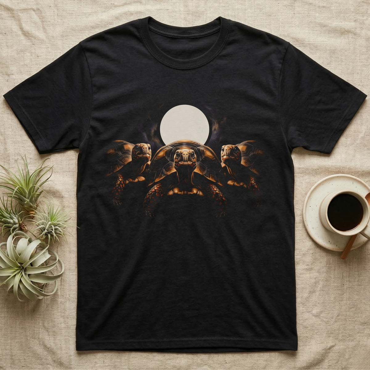 Red-Foot Tortoise Moon T-Shirt in Black — Three red-foot tortoises facing out beneath a full moon and nebula, warm low light, dissolving into black.