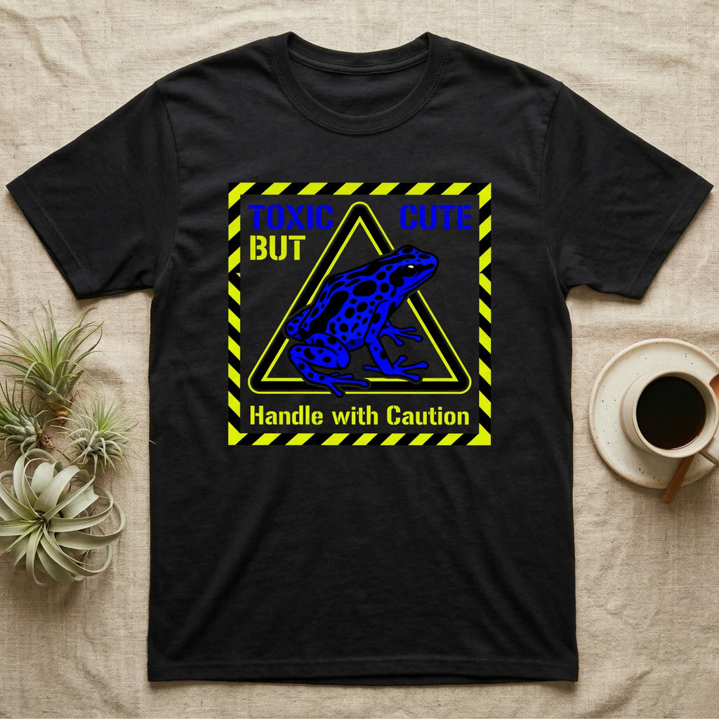 Black t-shirt with yellow hazard stripes and a blue frog graphic.