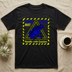 Black t-shirt with yellow hazard stripes and a blue frog graphic.