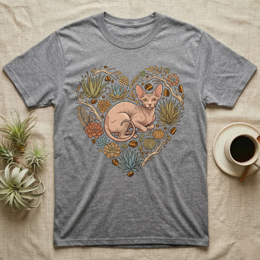 Gray t-shirt with a heart-shaped design of a Sphynx cat and succulents.