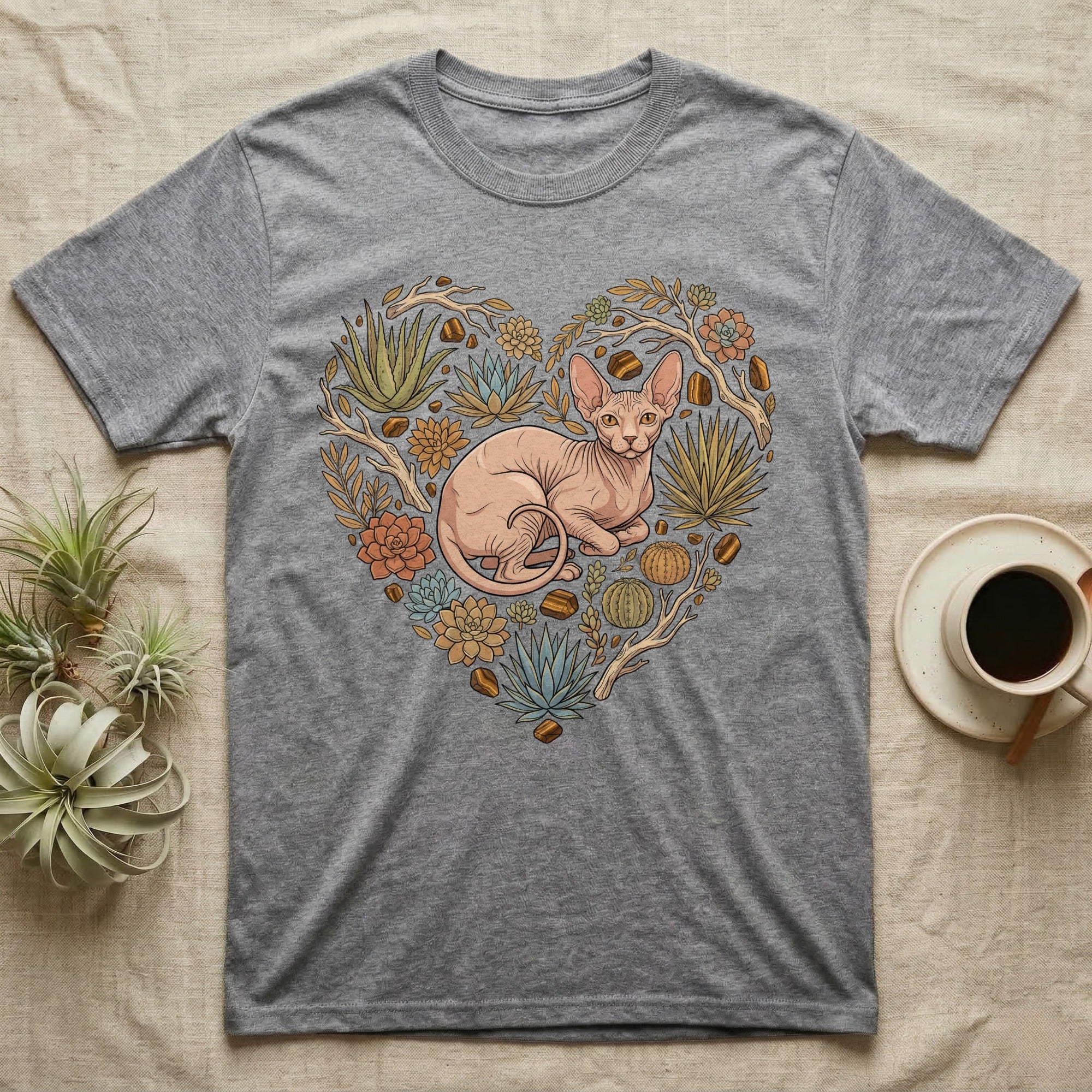 Gray t-shirt with a heart-shaped design of a Sphynx cat and succulents.