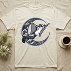 Cream t-shirt with a sugar glider flying across a moon with swirling waves.