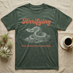 Western Hognose Terrifying T-Shirt in Military Green — White-line engraving of a western hognose snake coiled mid-bluff under orange script reading Terrifying