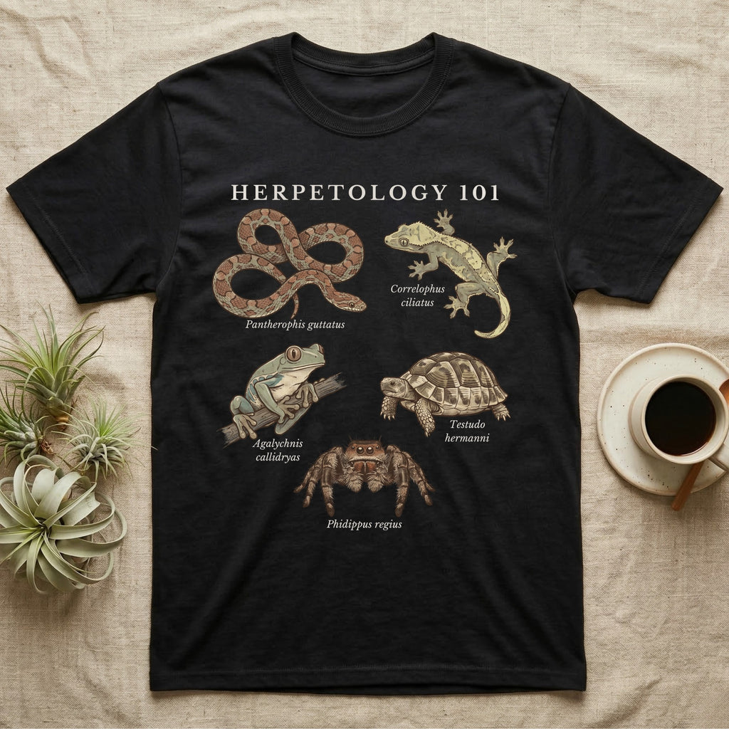 Herpetology 101 Reptile T-Shirt in Black — Vintage naturalist specimen plate of five terrarium animals arranged as a Herpetology 101 field-guide roster.