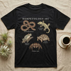 Herpetology 101 Reptile T-Shirt in Black — Vintage naturalist specimen plate of five terrarium animals arranged as a Herpetology 101 field-guide roster.