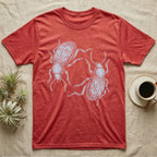 Death-Feigning Beetle Roundel T-Shirt in Heather Red — Two blue death-feigning beetles in pale blue brush line art, rotated 180 degrees into a circle closed by their own bodies.