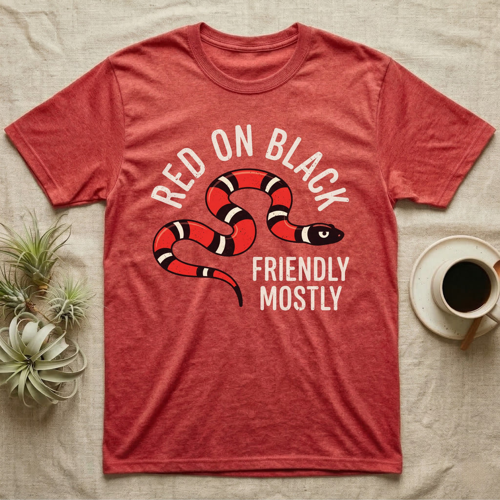 Milk Snake Friendly T-Shirt in Heather Red — Worn screen-print of a red, black and cream banded milk snake under the cream words Red On Black, Friendly, Mostly