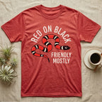 Milk Snake Friendly T-Shirt in Heather Red — Worn screen-print of a red, black and cream banded milk snake under the cream words Red On Black, Friendly, Mostly