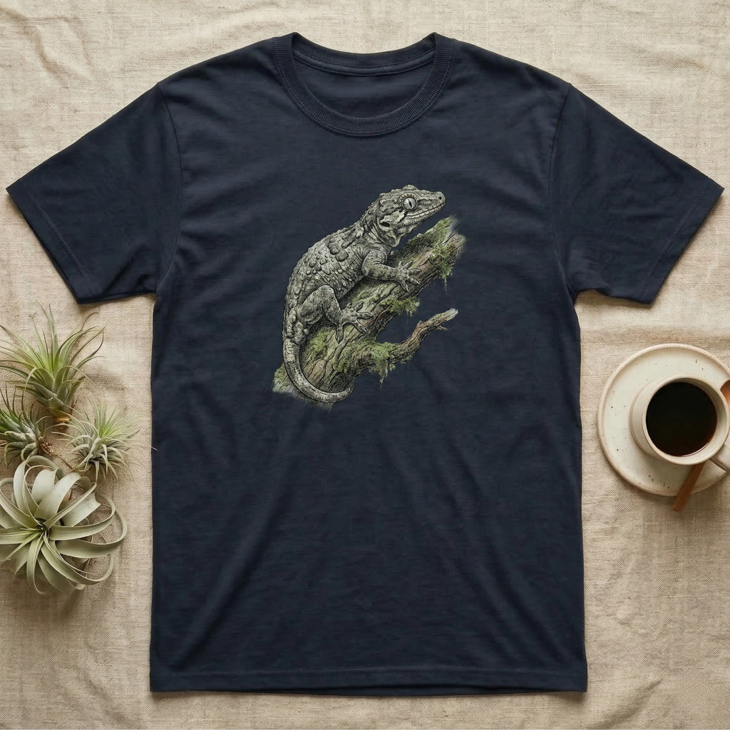 Dark t-shirt featuring a detailed illustration of a gargoyle gecko on a mossy branch.