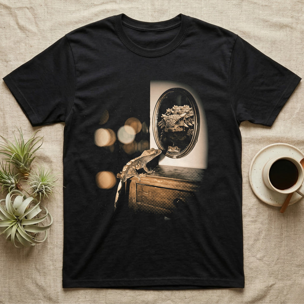 Crested Gecko Dinosaur Mirror T-Shirt in Black — Crested gecko on a nightstand looking into an oval mirror that reflects a large armoured dinosaur.