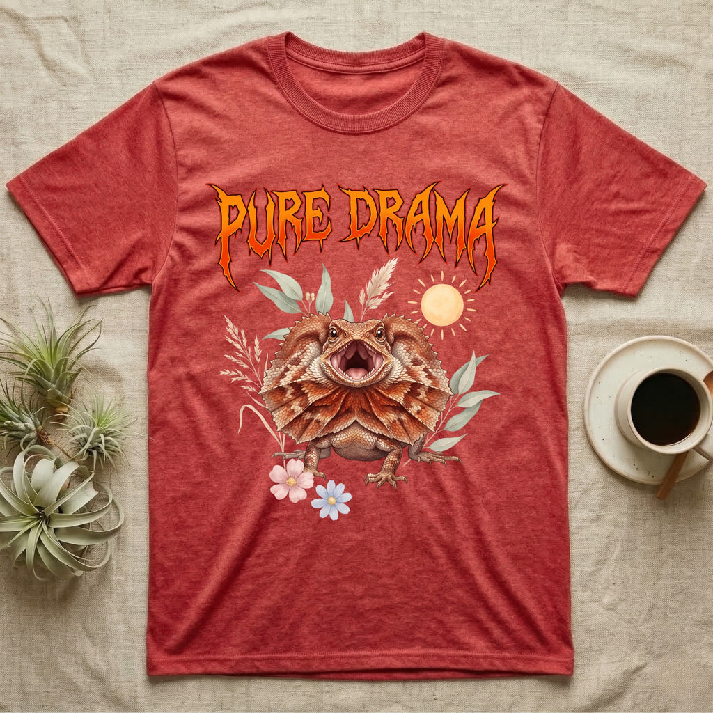 Frilled Dragon Feral T-Shirt in Heather Red — Frilled dragon with its neck frill flared and mouth gaping under a jagged fiery-orange metal "PURE DRAMA" wordmark.