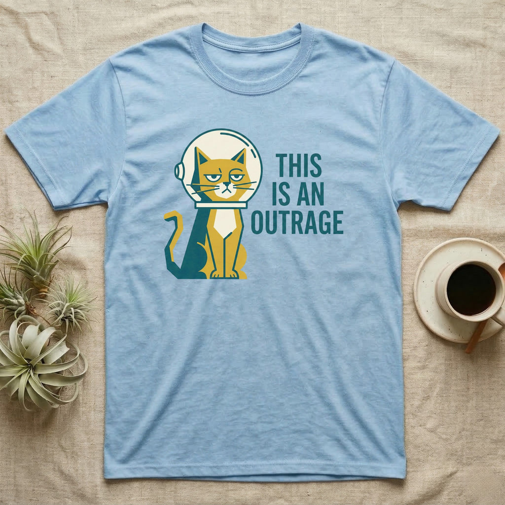 Light blue t-shirt with astronaut cat and text "THIS IS AN OUTRAGE".