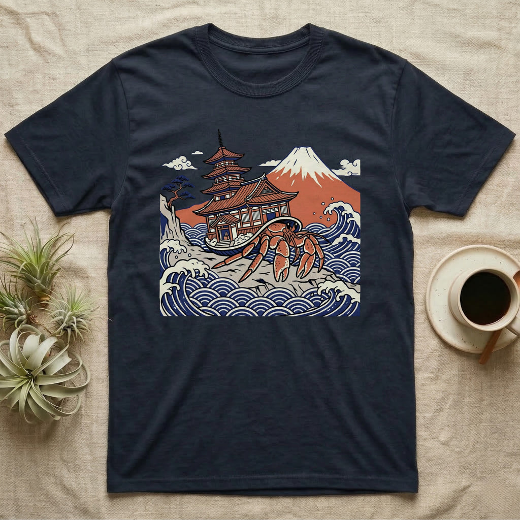 Dark t-shirt with Japanese pagoda, Mount Fuji, and a large crab illustration.