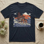 Dark t-shirt with Japanese pagoda, Mount Fuji, and a large crab illustration.