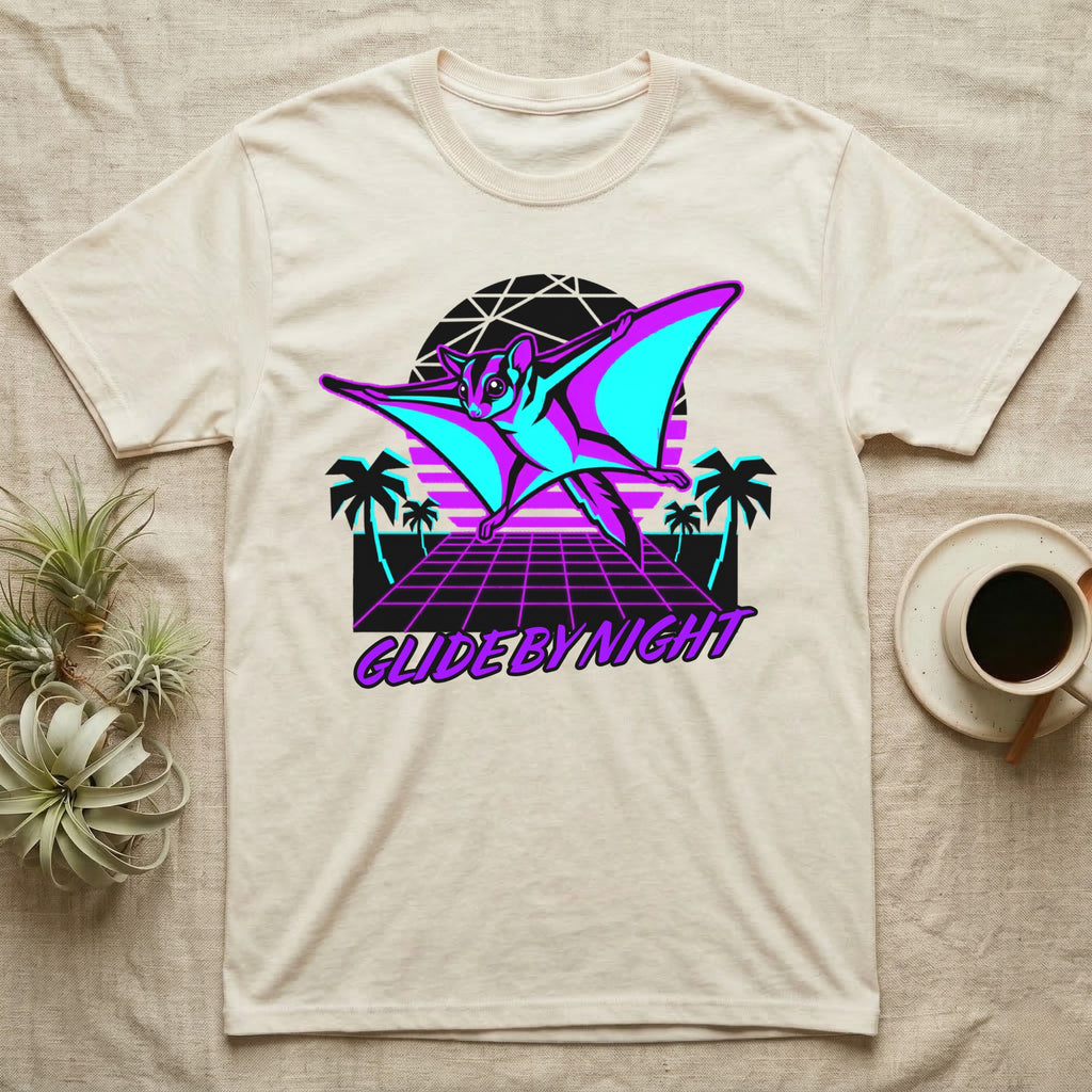 T-shirt featuring a neon purple and blue flying sugar glider over a grid with palm trees.