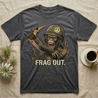Monkey in military helmet, holding bamboo sticks, text "BORN TO FRAG OUT".