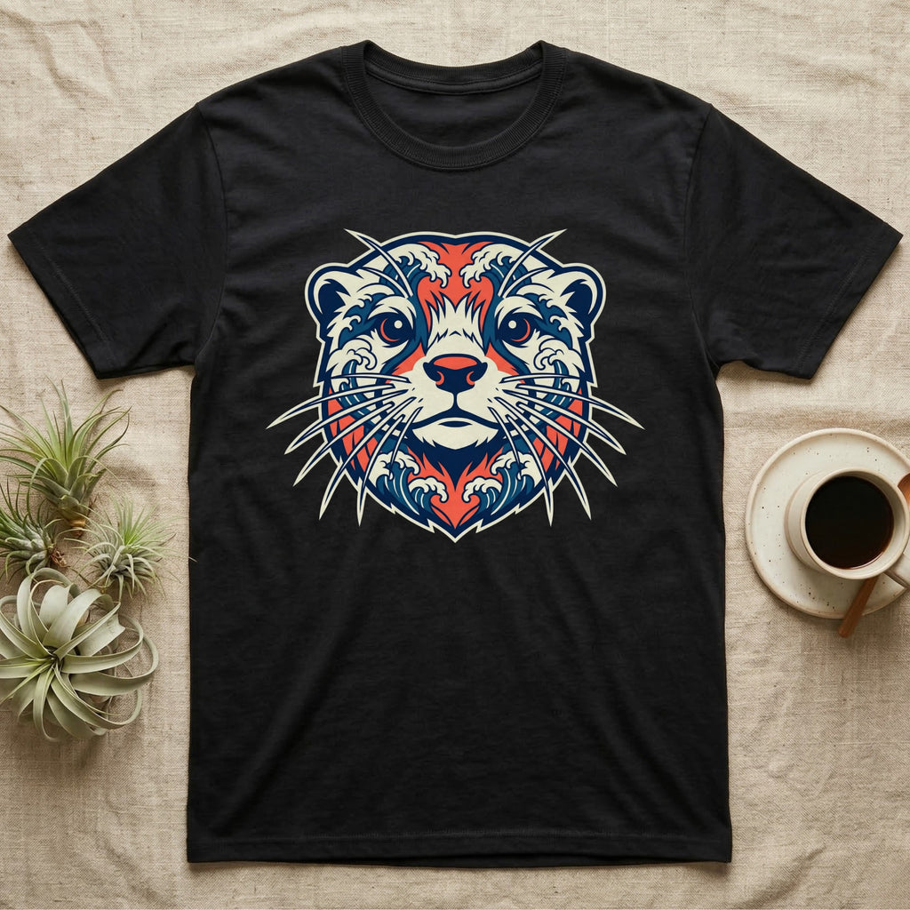 Black t-shirt with a stylized otter face design featuring blue and red waves.