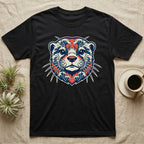 Black t-shirt with a stylized otter face design featuring blue and red waves.