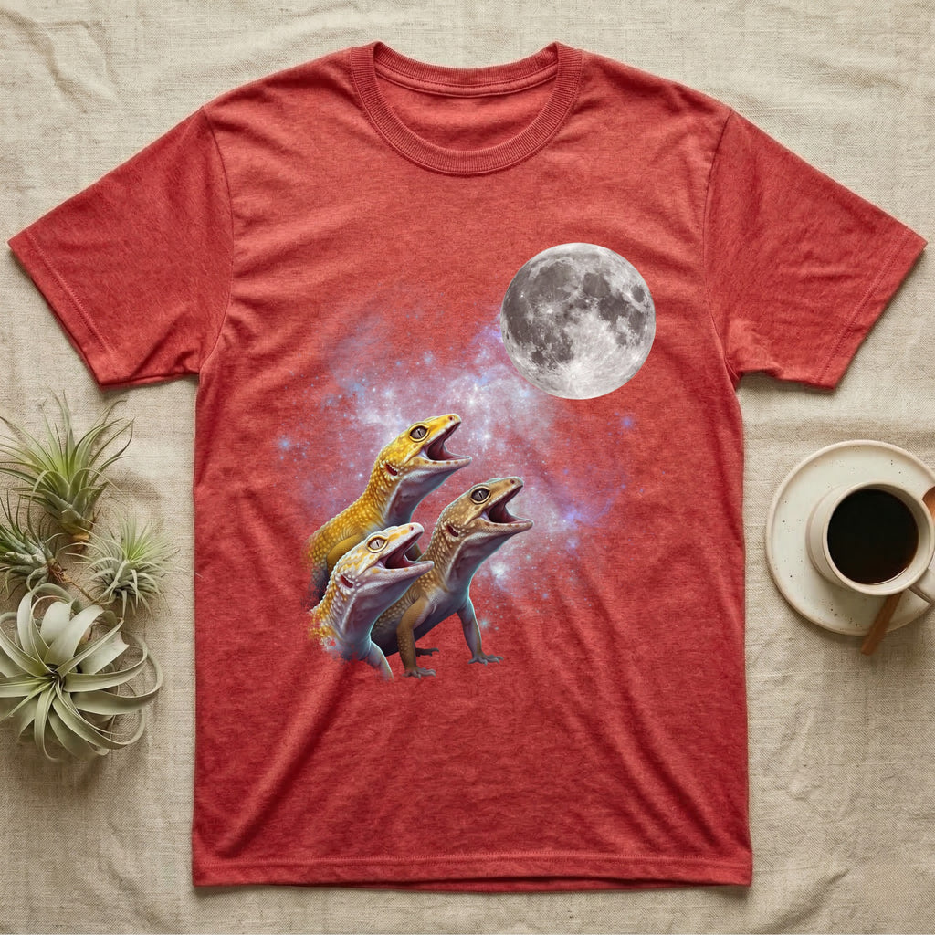 Leopard Gecko Moon Howl T-Shirt in Heather Red — Three Leopard Gecko colour morphs howling at a full moon over a nebula on a dark grey t-shirt.