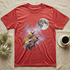 Leopard Gecko Moon Howl T-Shirt in Heather Red — Three Leopard Gecko colour morphs howling at a full moon over a nebula on a dark grey t-shirt.
