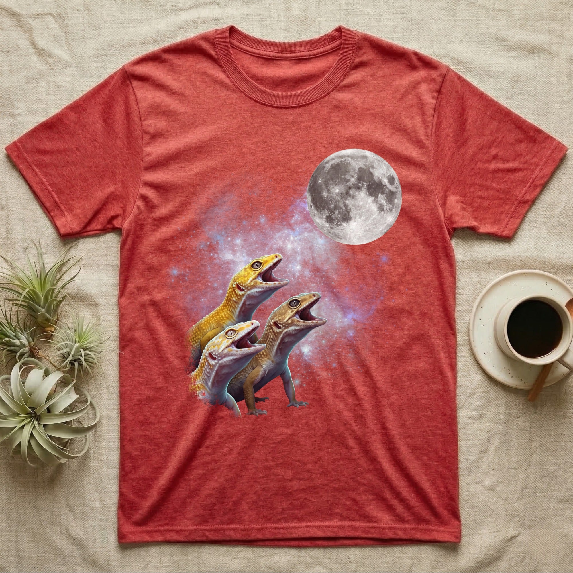Leopard Gecko Moon Howl T-Shirt in Heather Red — Three Leopard Gecko colour morphs howling at a full moon over a nebula on a dark grey t-shirt.