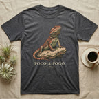 Dark grey t-shirt with a bearded dragon on a rock and text.