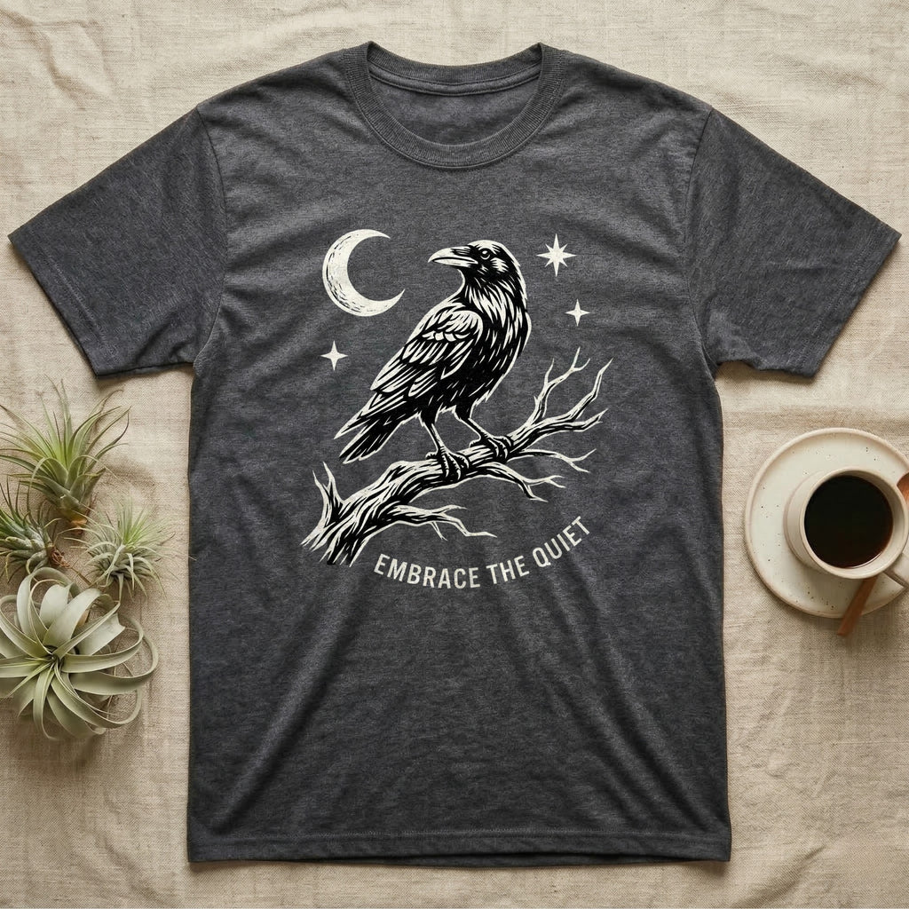 Charcoal t-shirt with raven on a branch, moon, and stars; text "EMBRACE THE QUIET".