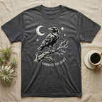 Charcoal t-shirt with raven on a branch, moon, and stars; text "EMBRACE THE QUIET".