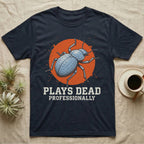 Blue Death Feigning Beetle T-Shirt in Navy — Distressed disc portrait of a blue death-feigning beetle over an orange circle with text plays dead