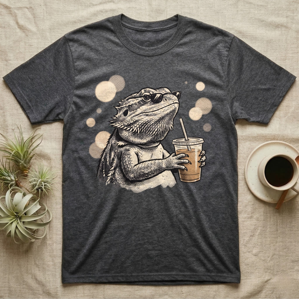 Cold Brew Bearded Dragon T-Shirt in Dark Heather — Flat near-photoreal illustration of a bearded dragon in tiny sunglasses holding a cold brew with warm bokeh.