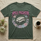 Apex Predator Isopod T-Shirt in Military Green — Bootleg design of a cute isopod in a floral wreath under dripping death-metal lettering reading "Apex Predator."