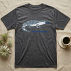 Dark grey t-shirt with a geometric blue-tongued lizard graphic and "the blue tongue."